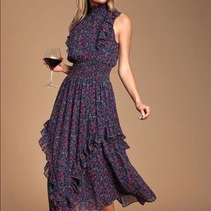 LULUS Evalina Navy Blue Floral Print Mock Neck Midi Dress